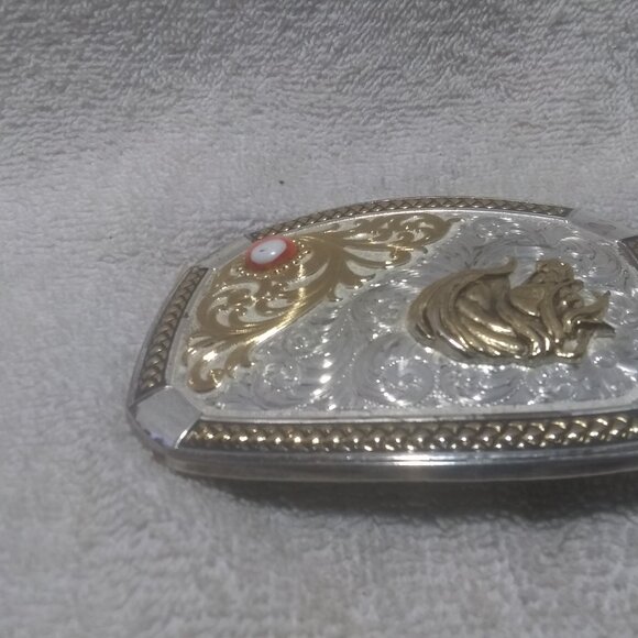 Montana Silversmiths Buckle Horse Head Gold Swirl Corner Stone Fully Engraved - Picture 6 of 10